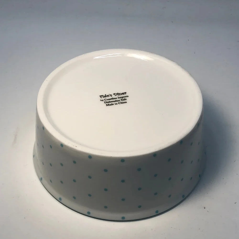 White and real Blue Polka Dot ceramic Pet Bowl teal paw print inside